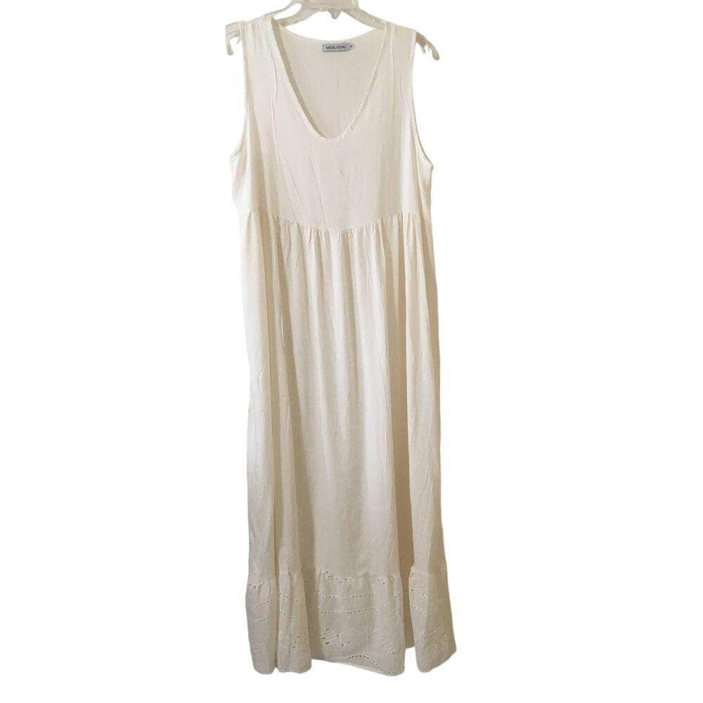 MISSLOOK XL Sleeveless Sheer Cream Maxi Dress 9 /3/4” Islet Ruffle Hem